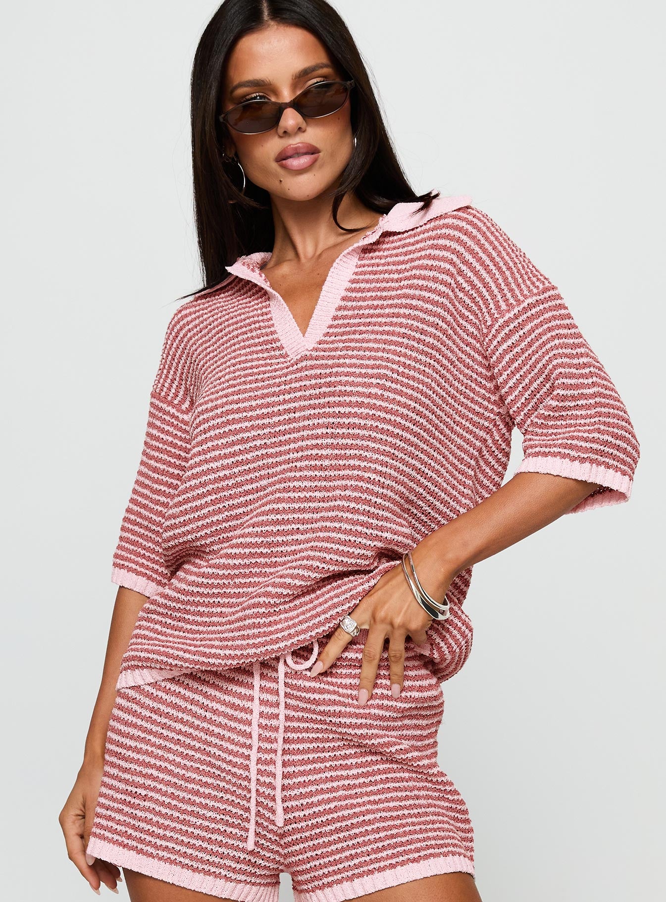 front view of model wearing Princess Polly Veloria Collared Top Pink Stripe Half Sleeves V-Neck 