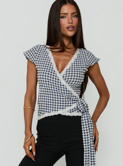 Meltwater Lace Trim Wrap Detail Top Navy Check