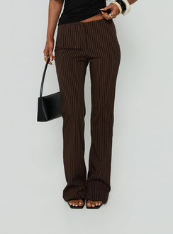 Featuring the Kinkirk No Waist Flared Pants Chocolate Pinstripe womens regular pants with mid-rise detail product Princess Polly