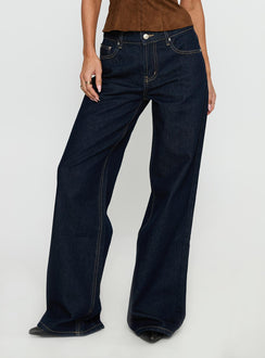 back view of model wearing Princess Polly Favourite Reference Mid Rise Straight Leg Jeans Dark Indigo Mid Rise Jeans 