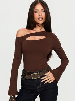 front view of model wearing Princess Polly Raissa Cut Out One Shoulder Bodysuit Brown Long Sleeve Tops 