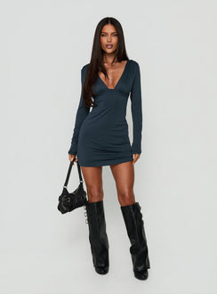 Cleopetra V Neck Long Sleeve Scoop Back Mini Dress Charcoal