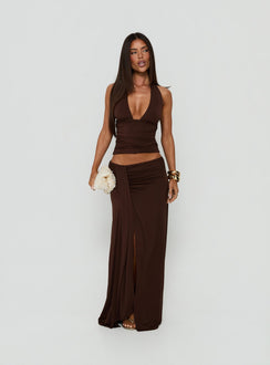 Showcasing the Keerah Ruched Maxi Skirt Brown in womens-skirts with maxi length front view of model wearing Princess Polly