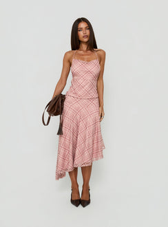 Showcasing the Waverlee Asymmetrical Midi Skirt Pink Check in womens-skirts category with fitted and ruched details front view of model wearing Princess Polly