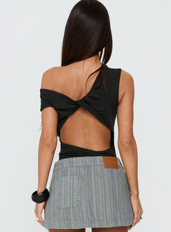 back view of model wearing Princess Polly Back To Back Off Shoulder Twist Back Bodysuit Black Short Sleeve 