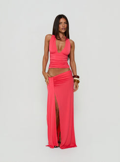 Showcasing the Keerah Ruched Maxi Skirt Guava in coral with womens-skirts category featuring maxi length front view of model wearing Princess Polly