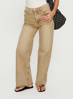back view of model wearing Princess Polly Fawcett High Rise Straight Leg Jeans Tan High Rise Jeans 