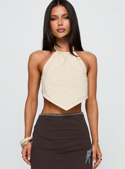 front view of model wearing Princess Polly Just Imagine Tie Back Top Beige Sleeveless Crew Neck 