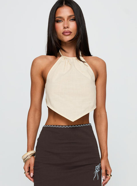 front view of model wearing Princess Polly Just Imagine Tie Back Top Beige Sleeveless Crew Neck 
