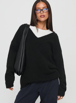 front view of model wearing Princess Polly Stay The Night V Neck Knit Sweater Black 