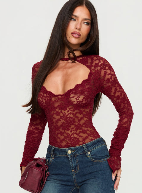 front view of model wearing Princess Polly Giallo Long Sleeve Bodysuit Burgundy Long Sleeve Tops 