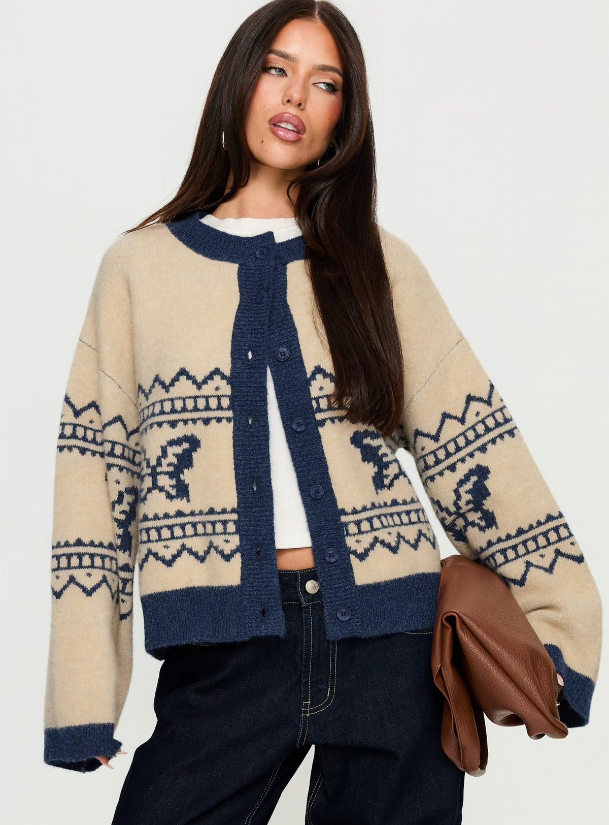 front view of model wearing Princess Polly Wynoni Alpine Knit Cardigan Beige / Navy Longline Jumpers 