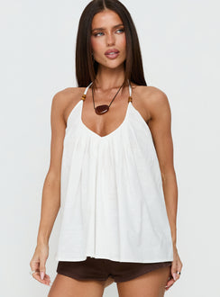 Kitra Flowy Bead Detail Tie Neck Top White
