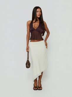 Showcasing the Suella Asymmetrical Midi Skirt Off White in womens-skirts with a midi length front view of model wearing Princess Polly