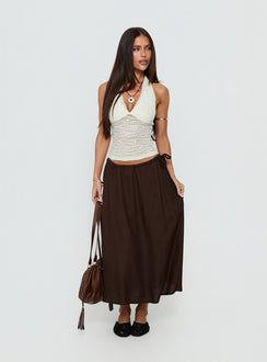   front view of model wearing Princess Polly Persuasion Tie Side Midi Skirt Chocolate Midi Skirts 