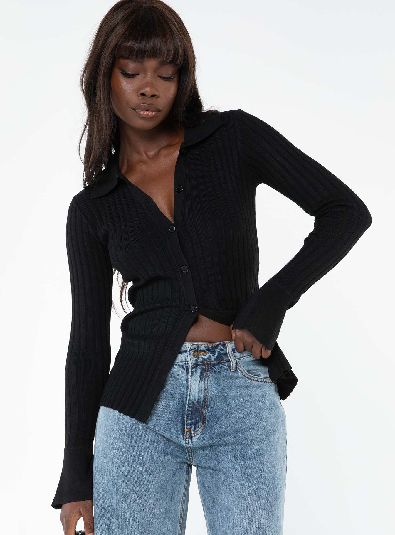 front view of model wearing Princess Polly Anneke Collared Cardigan Black Longline Jumpers Jumpers 