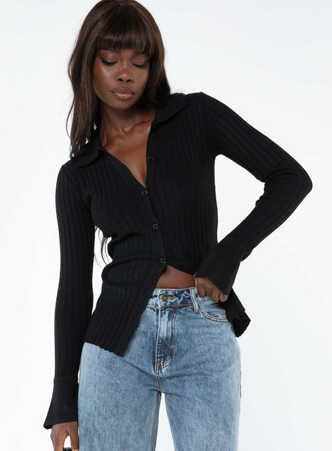 front view of model wearing Princess Polly Anneke Collared Cardigan Black Longline Jumpers Jumpers 