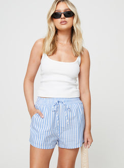 Front view of model wearing  front Charmen Shorts Blue / White Princess Polly High Waisted Shorts 