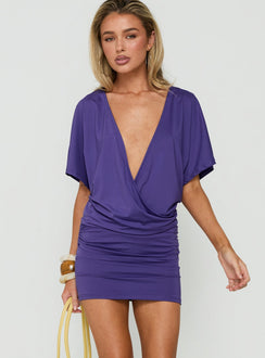 Ameria Plunge Cross Front Short Sleeve Mini Dress Violet