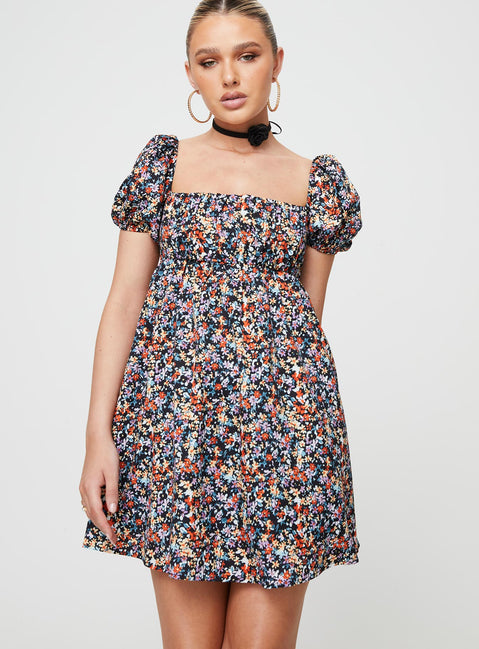 Front view of model wearing  front Princess Polly Square Neck  Let's Dance Mini Dress Black Floral