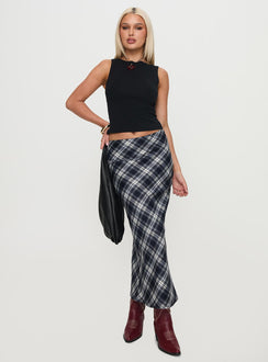   side view of model wearing Princess Polly Everlie Low Waist Maxi Skirt Check Multi 