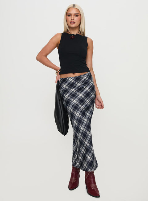   side view of model wearing Princess Polly Everlie Low Waist Maxi Skirt Check Multi 