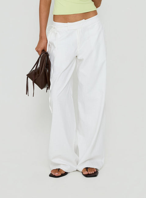 Discover Mylana Straight Leg Tie Pants White womens-regular-pants with mid-rise detail view of model wearing Princess Polly