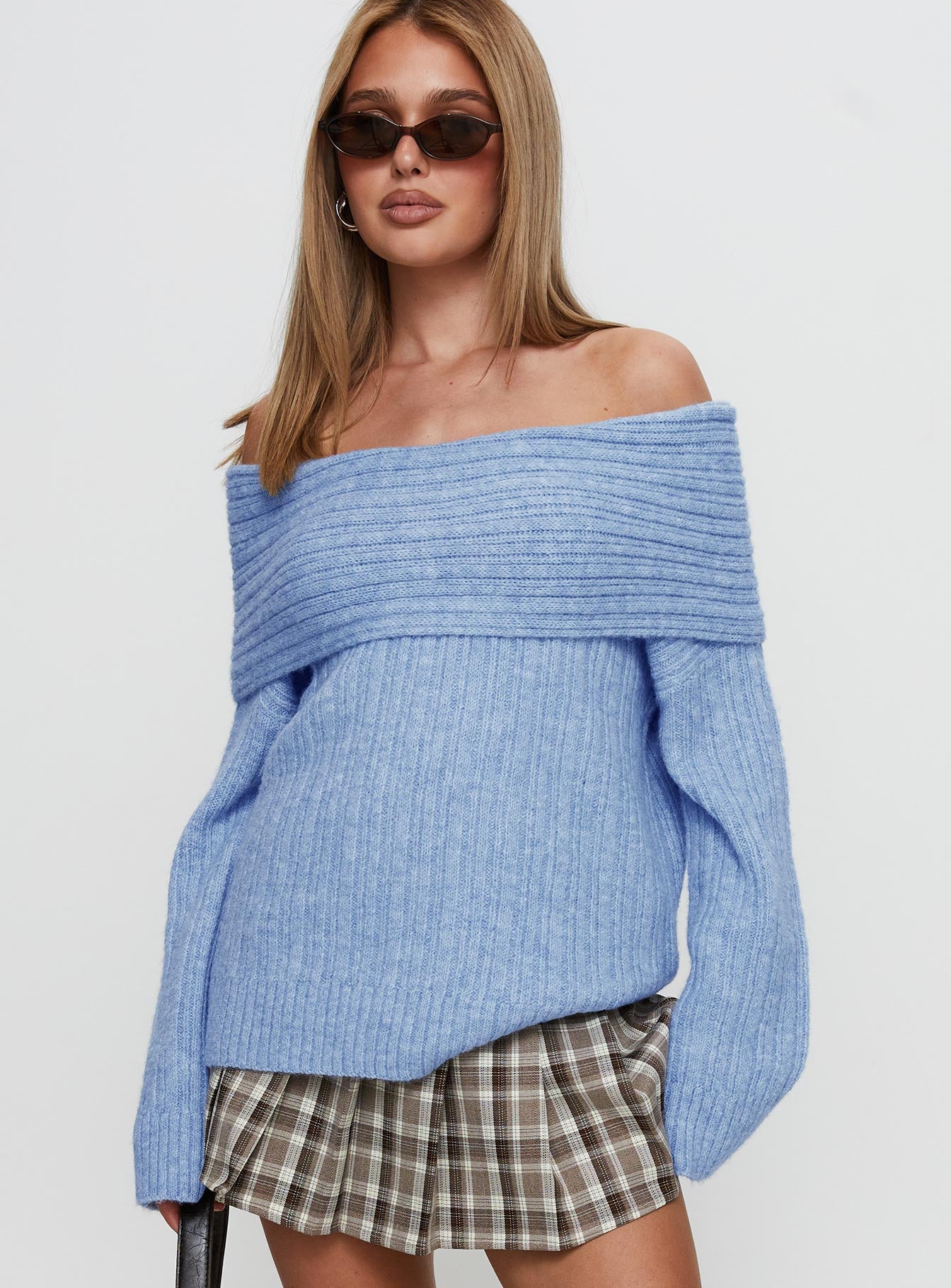 front view of model wearing Princess Polly Snowie Off Shoulder Knit Sweater Blue Longline Jumpers 