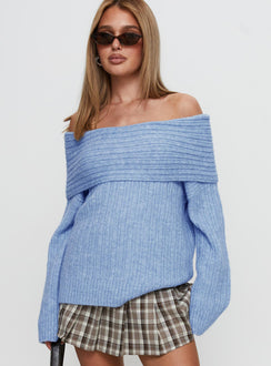 front view of model wearing Princess Polly Snowie Off Shoulder Knit Sweater Blue Longline Jumpers 