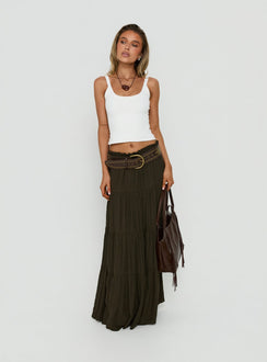 Featuring the Mya Maxi Skirt Chocolate in womens-skirts with layered relaxed fit detail front view of model wearing Princess Polly