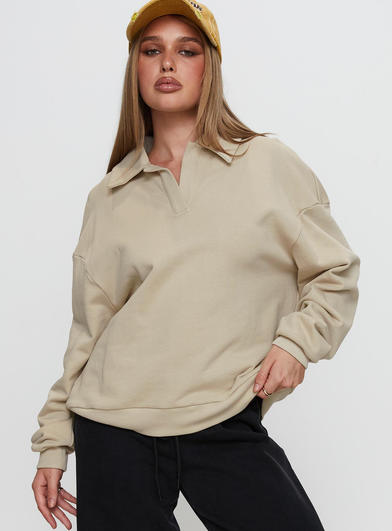 front view of model wearing Princess Polly Back Around Collared Fleece Jumper Oat Long 