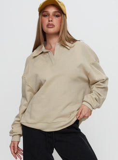 front view of model wearing Princess Polly Back Around Collared Fleece Jumper Oat Long 