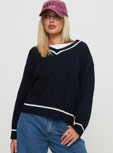 front view of model wearing Princess Polly Covina V Neck Knit Sweater Navy 