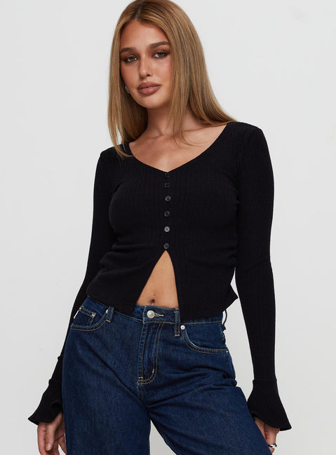 front view of model wearing Princess Polly Take My Time Long Sleeve Top Black Full Sleeves V-Neck 