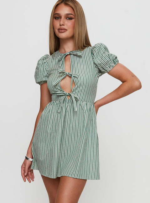 front view of model wearing Princess Polly Nurture Bow Mini Dress Green Stripe Crew Neck 