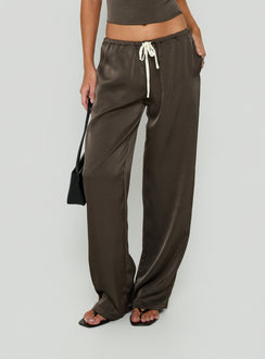 Showcasing the Dialled Up Tie Waist Satin Pants Mocha in womens regular pants with mid-rise and wide-leg silhouette detail view of model wearing