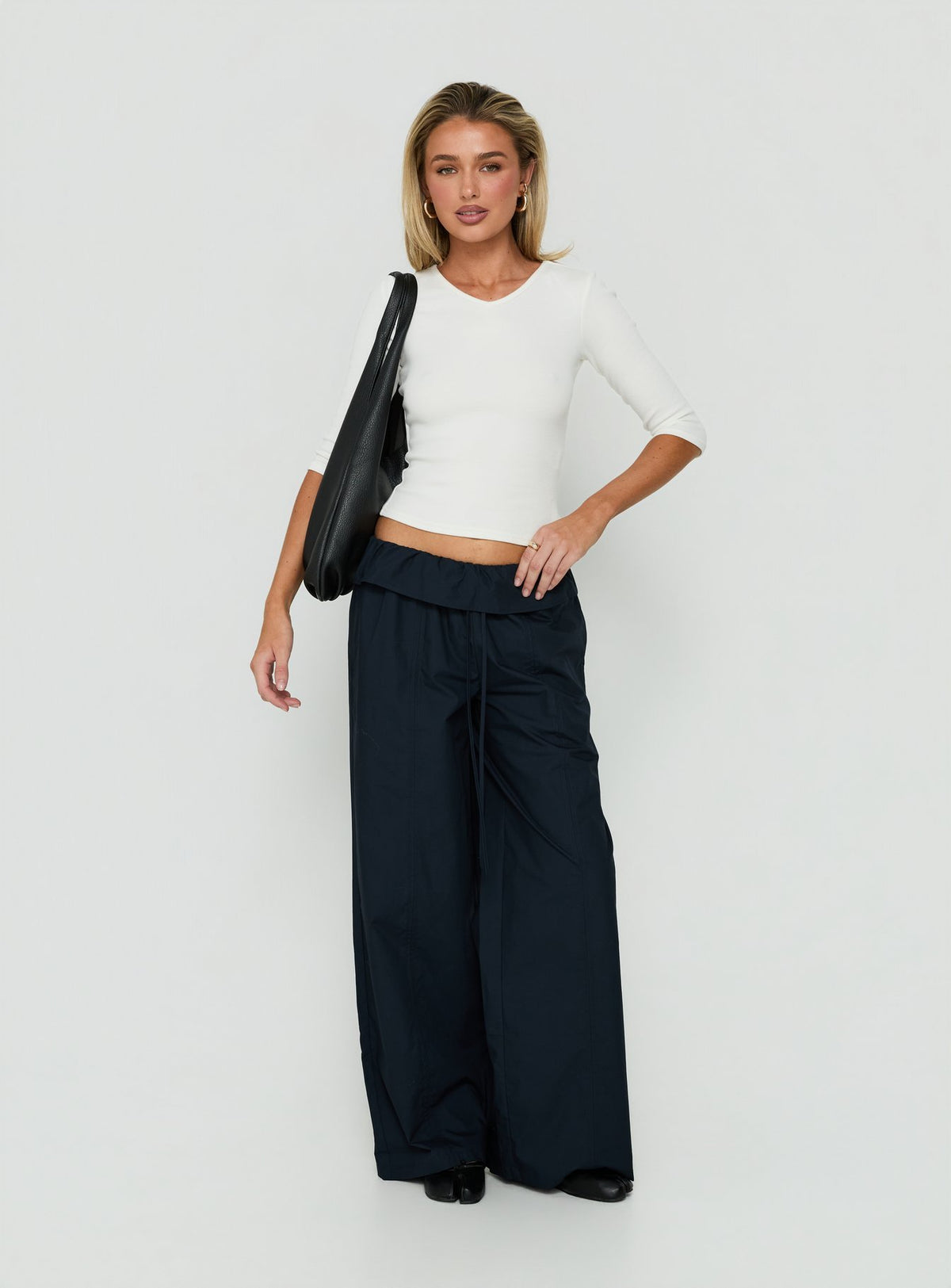 Featuring the Amaiza Frill Drawstring Straight Leg Pants Navy in womens-regular-pants with high-rise product Princess Polly