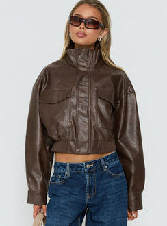 Ace Player Funnel Neck Faux Leather Jacket Brown Petite