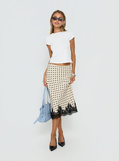 back view of model wearing Princess Polly Downtown Scene Lace Trim Maxi Skirt Cream Polka Midi Skirts 