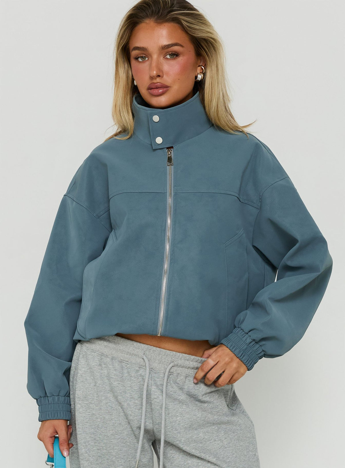 Ellissa Faux Suede Bomber Jacket Slate Blue