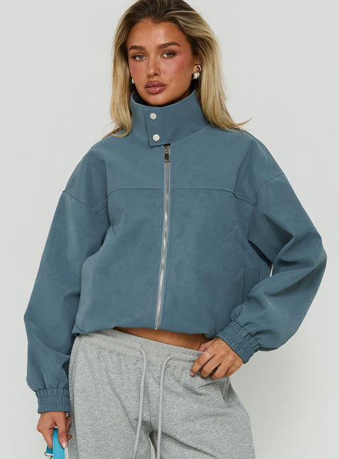 Ellissa Faux Suede Bomber Jacket Slate Blue