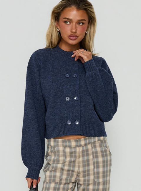 Discover the Kammi Button Up Cardigan Navy in womens-jumpers with short length front view of model wearing