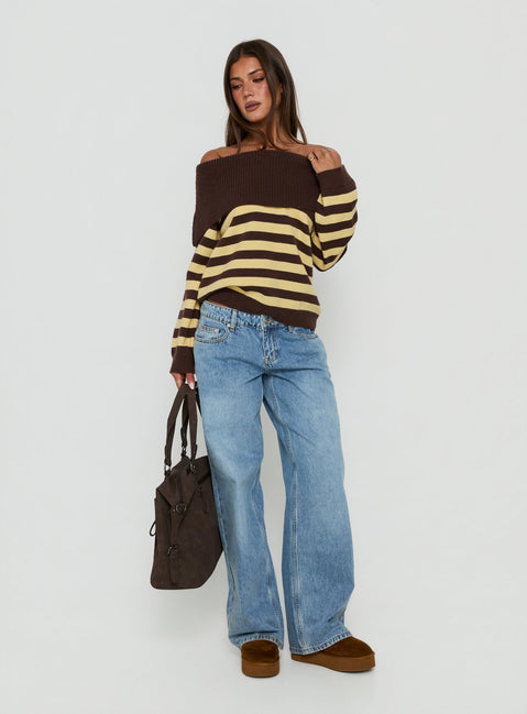 Next Page Foldover Long Sleeve Knit Sweater Brown / Yellow Stripe