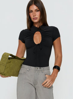 Featuring the Maeci Ruched Tie Detail Bodysuit Black womens-bodysuit with short sleeves and high-neck keyhole neckline side view of model wearing Princess Polly