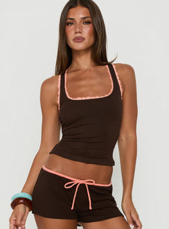 Lyndsie Rib Lace Racer Back Tank Brown / Coral