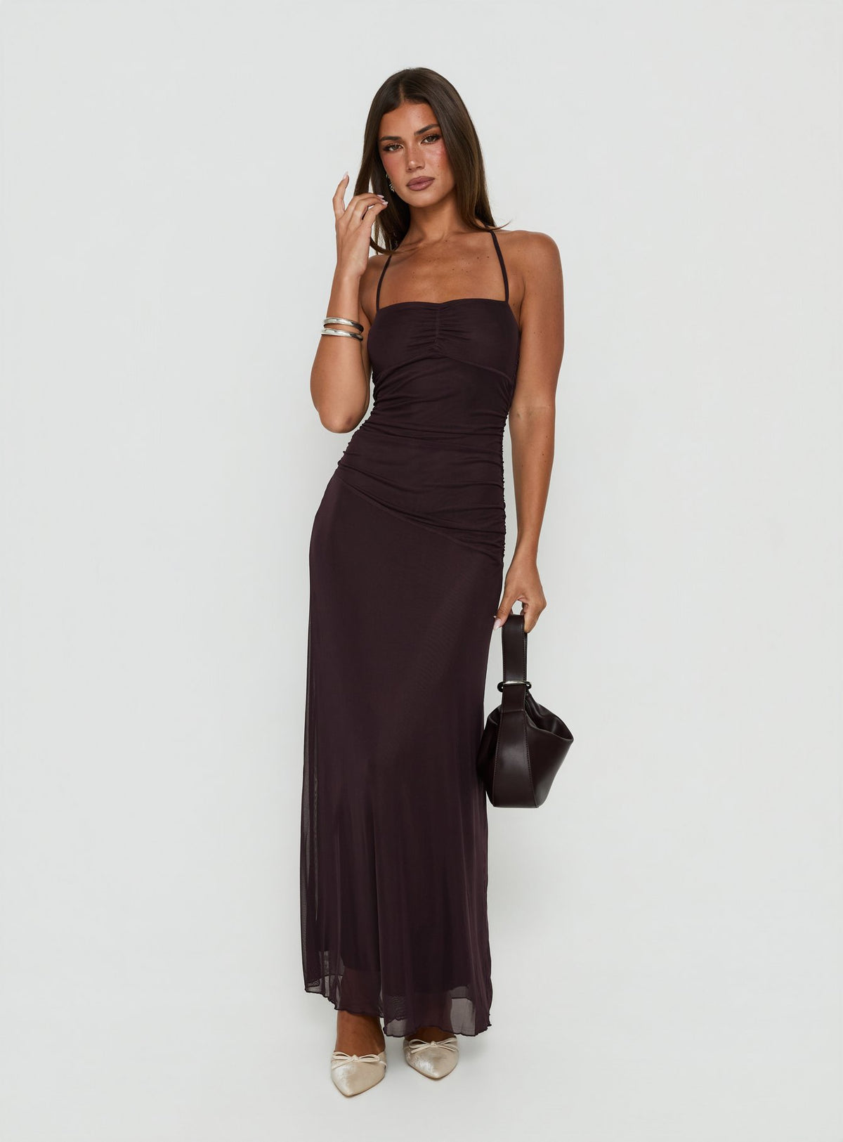 Adriannah Halter Ruched Maxi Dress Plum