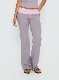 back view of model wearing Princess Polly Kobee Jersey Flare Pants Slate / Dusty Pink Mid Rise Pants 