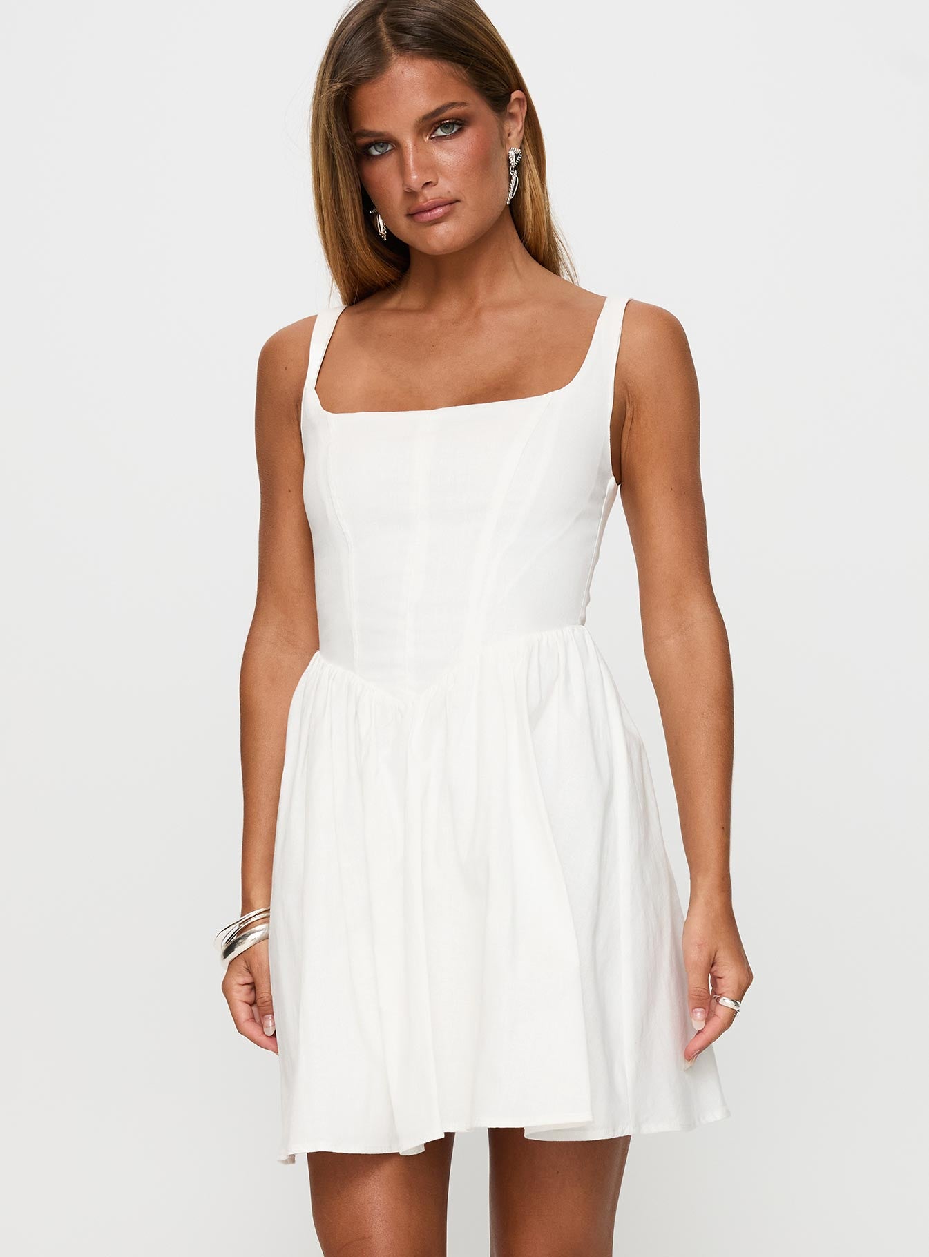 front view of model wearing Princess Polly Martie Mini Dress White Scoop Neck 