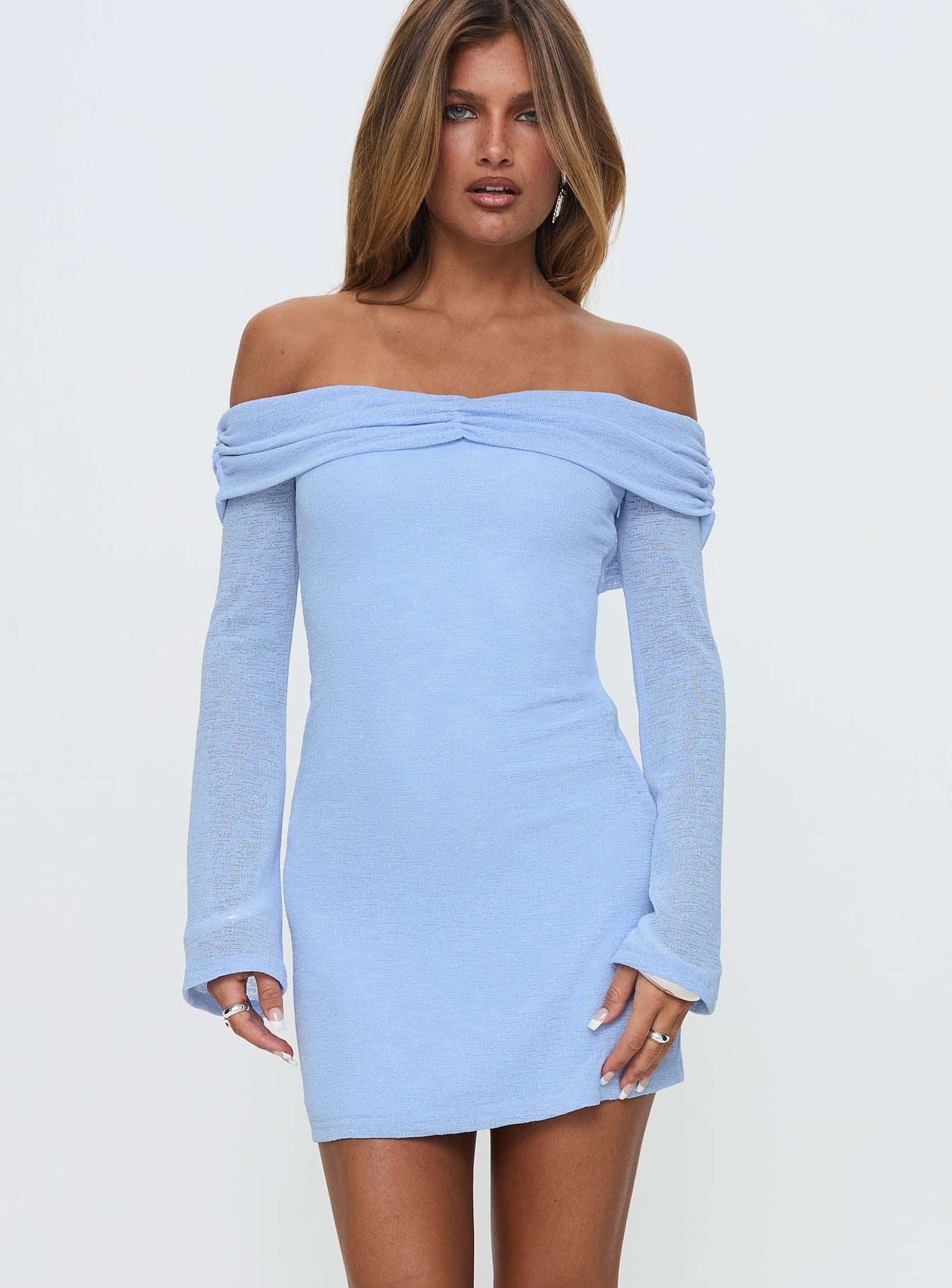 front view of model wearing Princess Polly Stellaire Long Sleeve Mini Dress Blue Straight Neck 