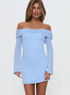 front view of model wearing Princess Polly Stellaire Long Sleeve Mini Dress Blue Straight Neck 